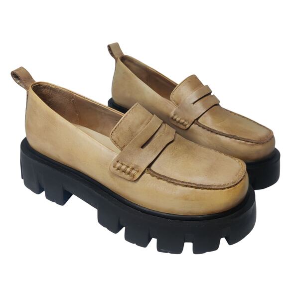 Free People Lyra Lug Sole Chunky Leather Penny Loafers Golden Yellow Black 39